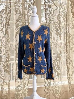 *SOLD* Rare Vtg Whimsygoth Celestial Blue & Gold Stars Hand Embroidered Cardigan
